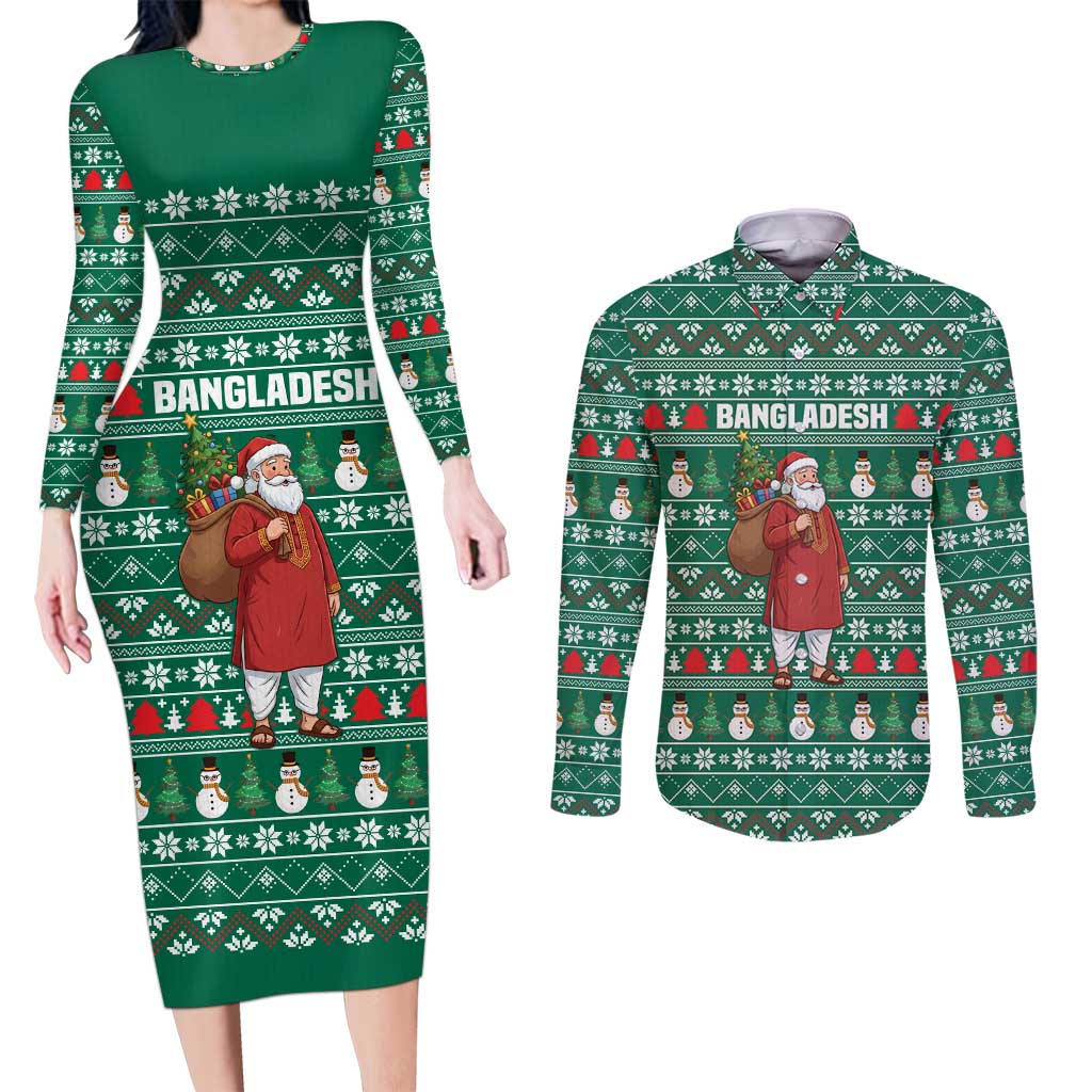 Bangladesh Christmas Couples Matching Long Sleeve Bodycon Dress and Long Sleeve Button Shirt with Santa Claus in Traditional Outfit Snowman and Tree Pattern - Wonder Print Shop