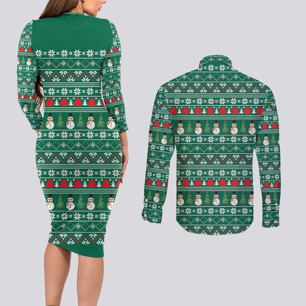 Bangladesh Christmas Couples Matching Long Sleeve Bodycon Dress and Long Sleeve Button Shirt with Santa Claus in Traditional Outfit Snowman and Tree Pattern - Wonder Print Shop