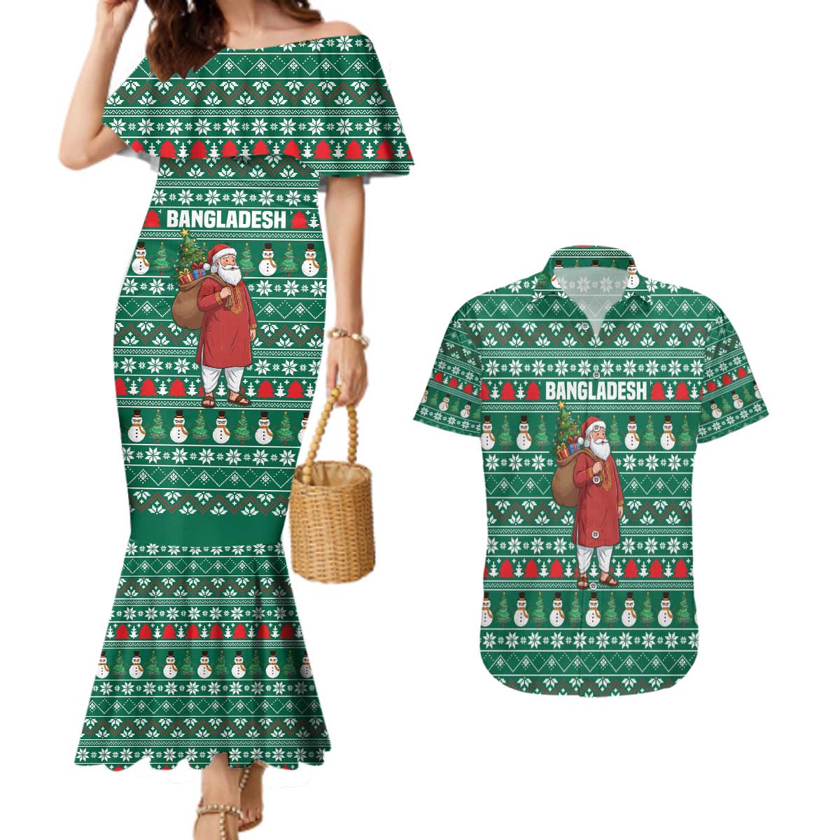 Bangladesh Christmas Couples Matching Mermaid Dress and Hawaiian Shirt with Santa Claus in Traditional Outfit Snowman and Tree Pattern - Wonder Print Shop