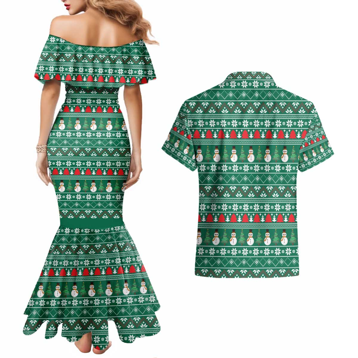 Bangladesh Christmas Couples Matching Mermaid Dress and Hawaiian Shirt with Santa Claus in Traditional Outfit Snowman and Tree Pattern - Wonder Print Shop