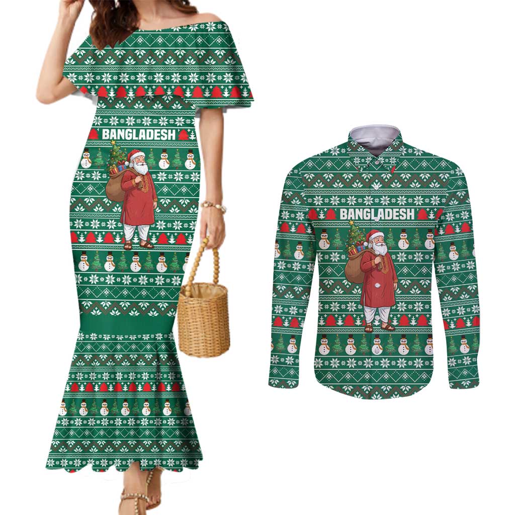 Bangladesh Christmas Couples Matching Mermaid Dress and Long Sleeve Button Shirt with Santa Claus in Traditional Outfit Snowman and Tree Pattern - Wonder Print Shop