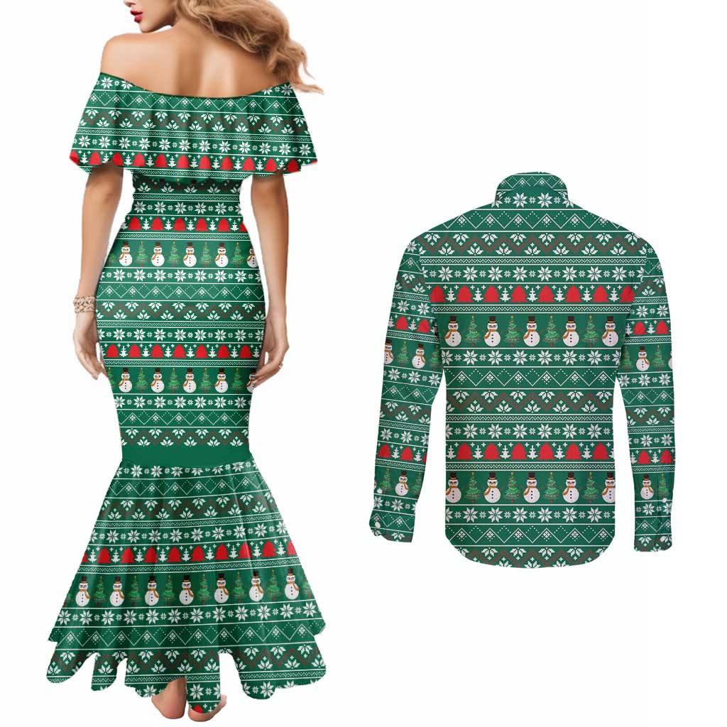 Bangladesh Christmas Couples Matching Mermaid Dress and Long Sleeve Button Shirt with Santa Claus in Traditional Outfit Snowman and Tree Pattern - Wonder Print Shop