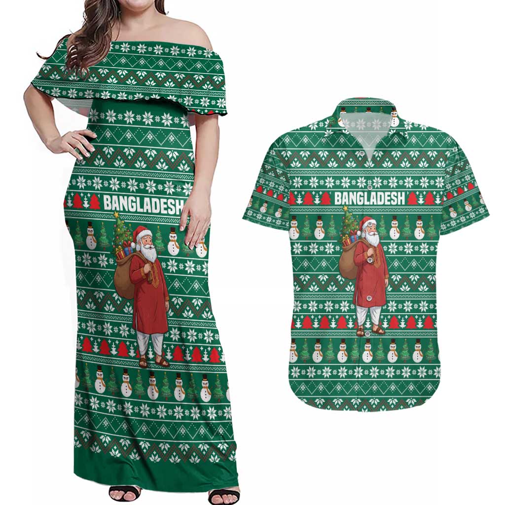 Bangladesh Christmas Couples Matching Off Shoulder Maxi Dress and Hawaiian Shirt with Santa Claus in Traditional Outfit Snowman and Tree Pattern - Wonder Print Shop
