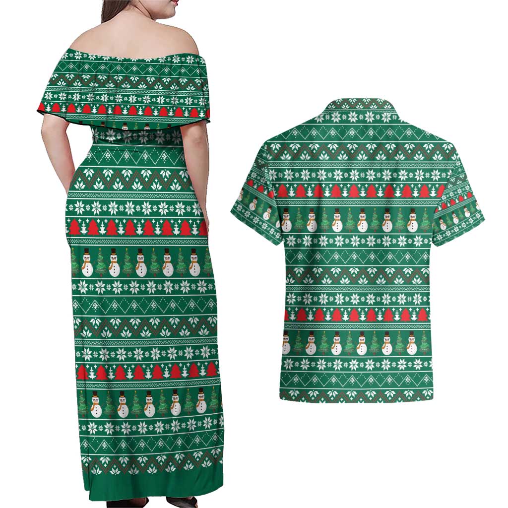Bangladesh Christmas Couples Matching Off Shoulder Maxi Dress and Hawaiian Shirt with Santa Claus in Traditional Outfit Snowman and Tree Pattern - Wonder Print Shop