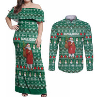 Bangladesh Christmas Couples Matching Off Shoulder Maxi Dress and Long Sleeve Button Shirt with Santa Claus in Traditional Outfit Snowman and Tree Pattern - Wonder Print Shop