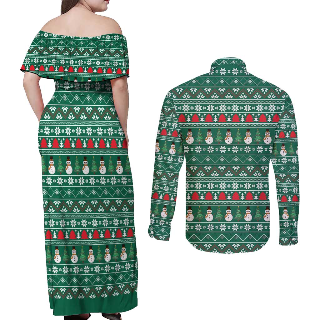 Bangladesh Christmas Couples Matching Off Shoulder Maxi Dress and Long Sleeve Button Shirt with Santa Claus in Traditional Outfit Snowman and Tree Pattern - Wonder Print Shop