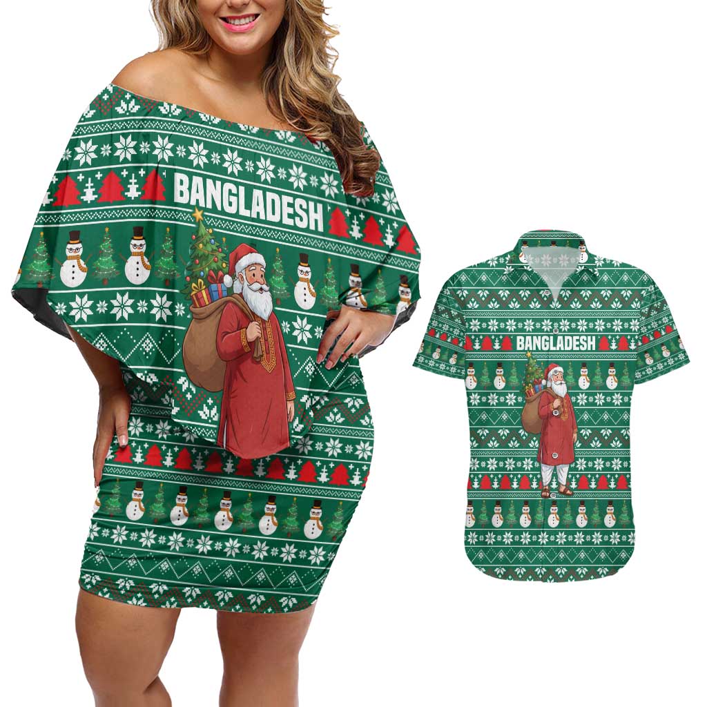 Bangladesh Christmas Couples Matching Off Shoulder Short Dress and Hawaiian Shirt with Santa Claus in Traditional Outfit Snowman and Tree Pattern - Wonder Print Shop