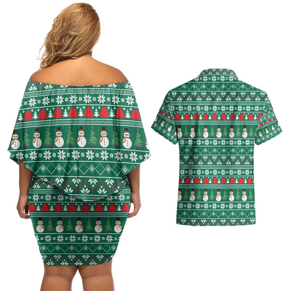 Bangladesh Christmas Couples Matching Off Shoulder Short Dress and Hawaiian Shirt with Santa Claus in Traditional Outfit Snowman and Tree Pattern - Wonder Print Shop