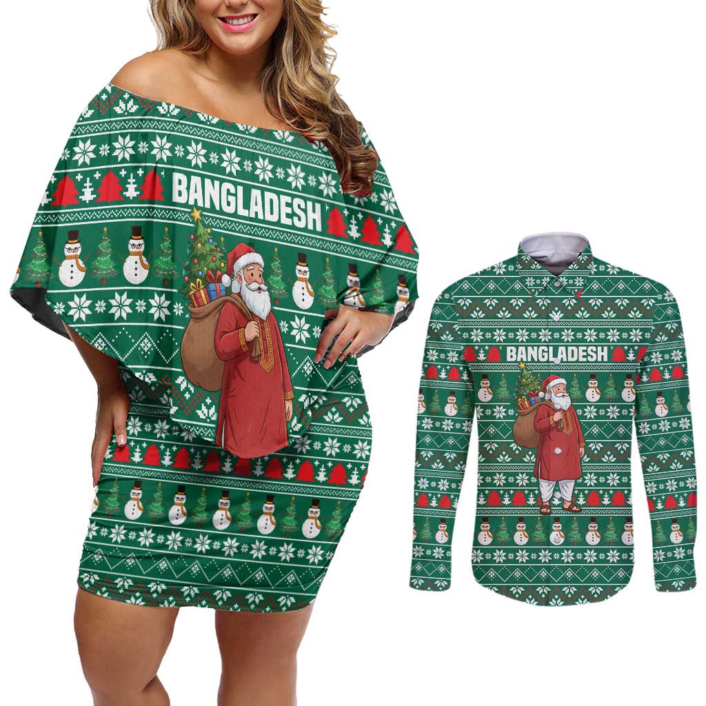 Bangladesh Christmas Couples Matching Off Shoulder Short Dress and Long Sleeve Button Shirt with Santa Claus in Traditional Outfit Snowman and Tree Pattern - Wonder Print Shop