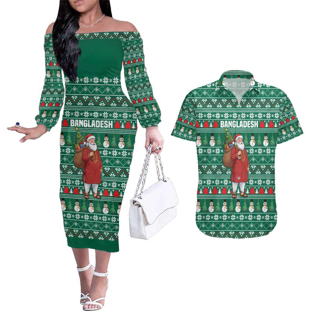 Bangladesh Christmas Couples Matching Off The Shoulder Long Sleeve Dress and Hawaiian Shirt with Santa Claus in Traditional Outfit Snowman and Tree Pattern - Wonder Print Shop