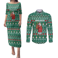 Bangladesh Christmas Couples Matching Puletasi and Long Sleeve Button Shirt with Santa Claus in Traditional Outfit Snowman and Tree Pattern - Wonder Print Shop