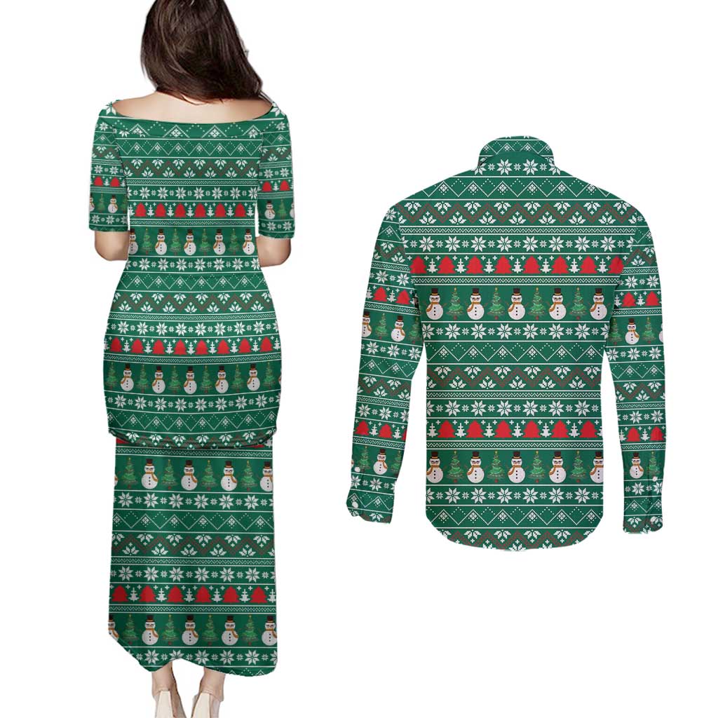 Bangladesh Christmas Couples Matching Puletasi and Long Sleeve Button Shirt with Santa Claus in Traditional Outfit Snowman and Tree Pattern - Wonder Print Shop
