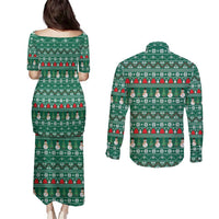 Bangladesh Christmas Couples Matching Puletasi and Long Sleeve Button Shirt with Santa Claus in Traditional Outfit Snowman and Tree Pattern - Wonder Print Shop