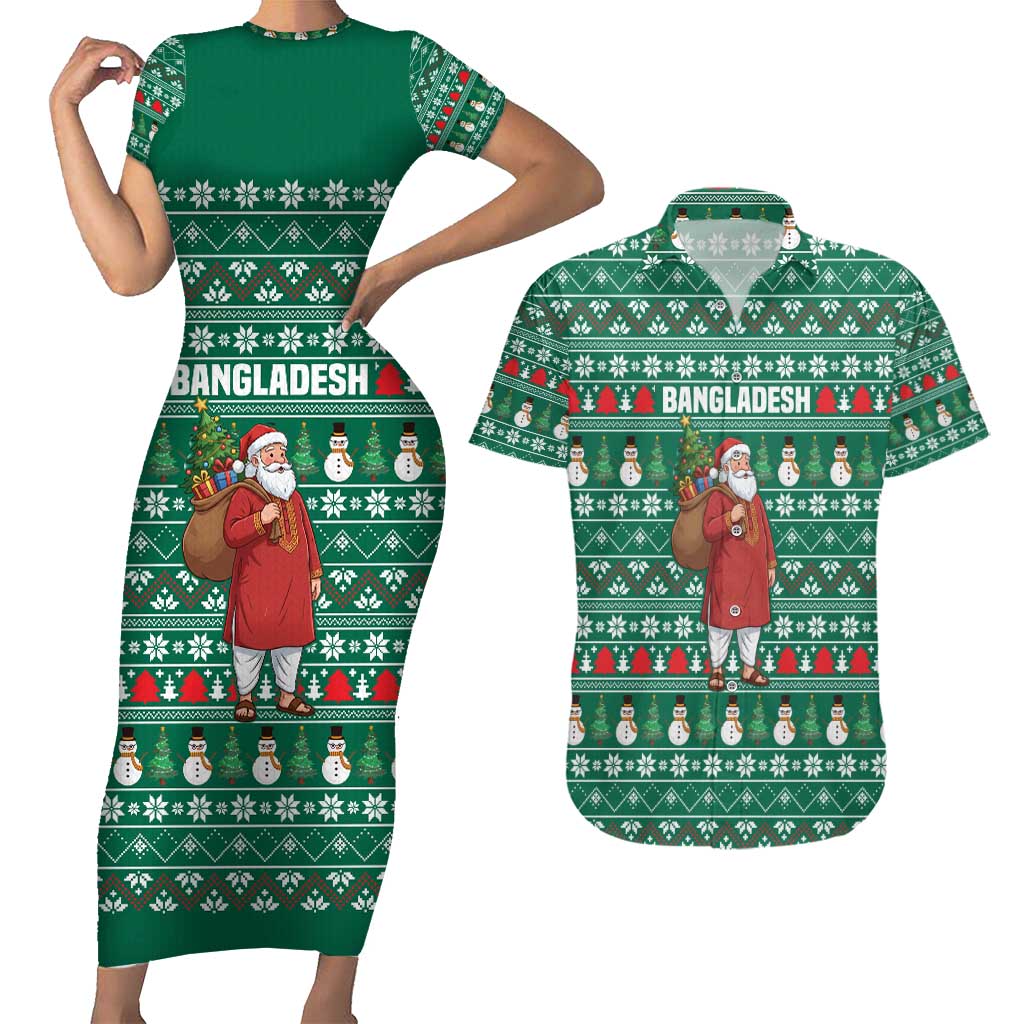 Bangladesh Christmas Couples Matching Short Sleeve Bodycon Dress and Hawaiian Shirt with Santa Claus in Traditional Outfit Snowman and Tree Pattern - Wonder Print Shop