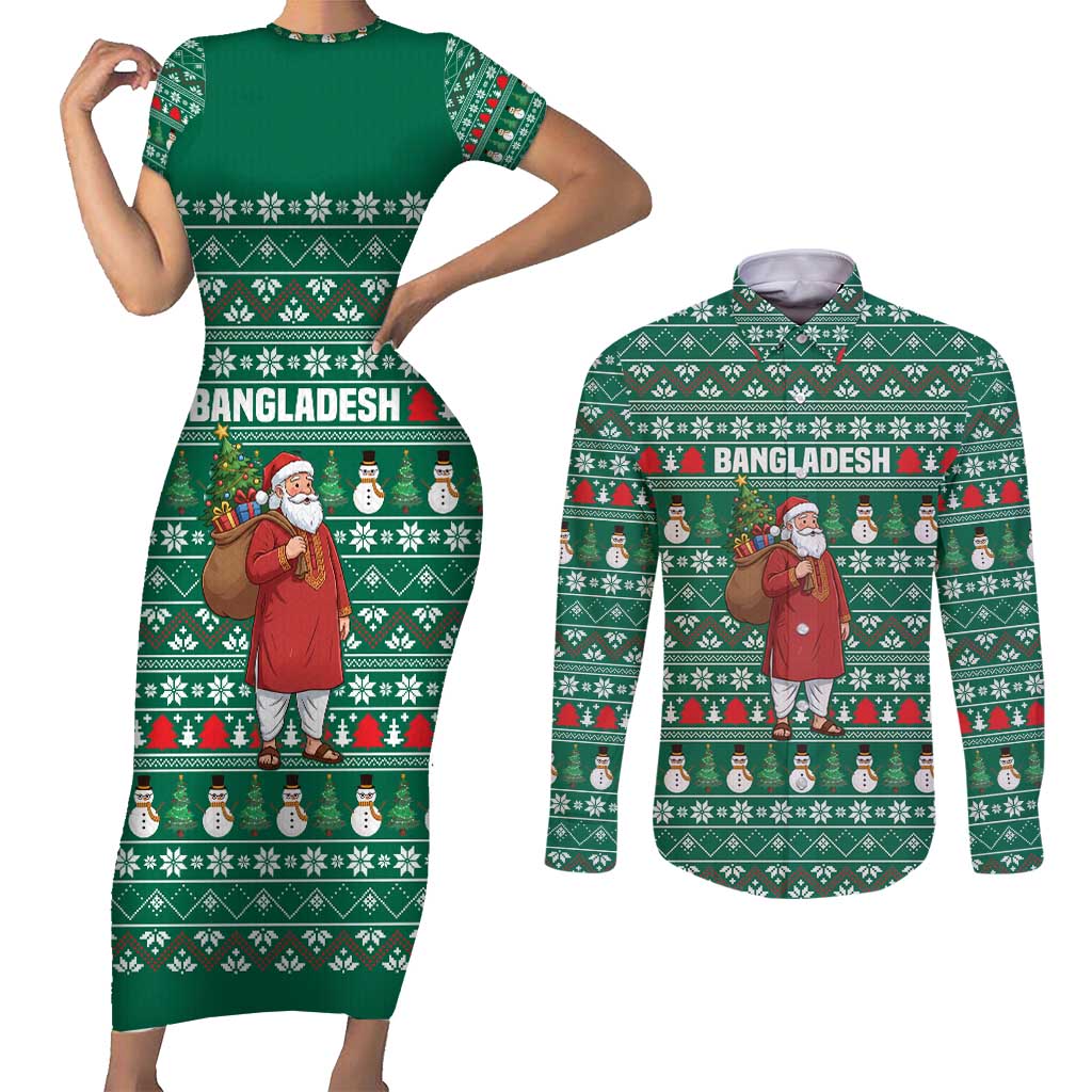 Bangladesh Christmas Couples Matching Short Sleeve Bodycon Dress and Long Sleeve Button Shirt with Santa Claus in Traditional Outfit Snowman and Tree Pattern - Wonder Print Shop
