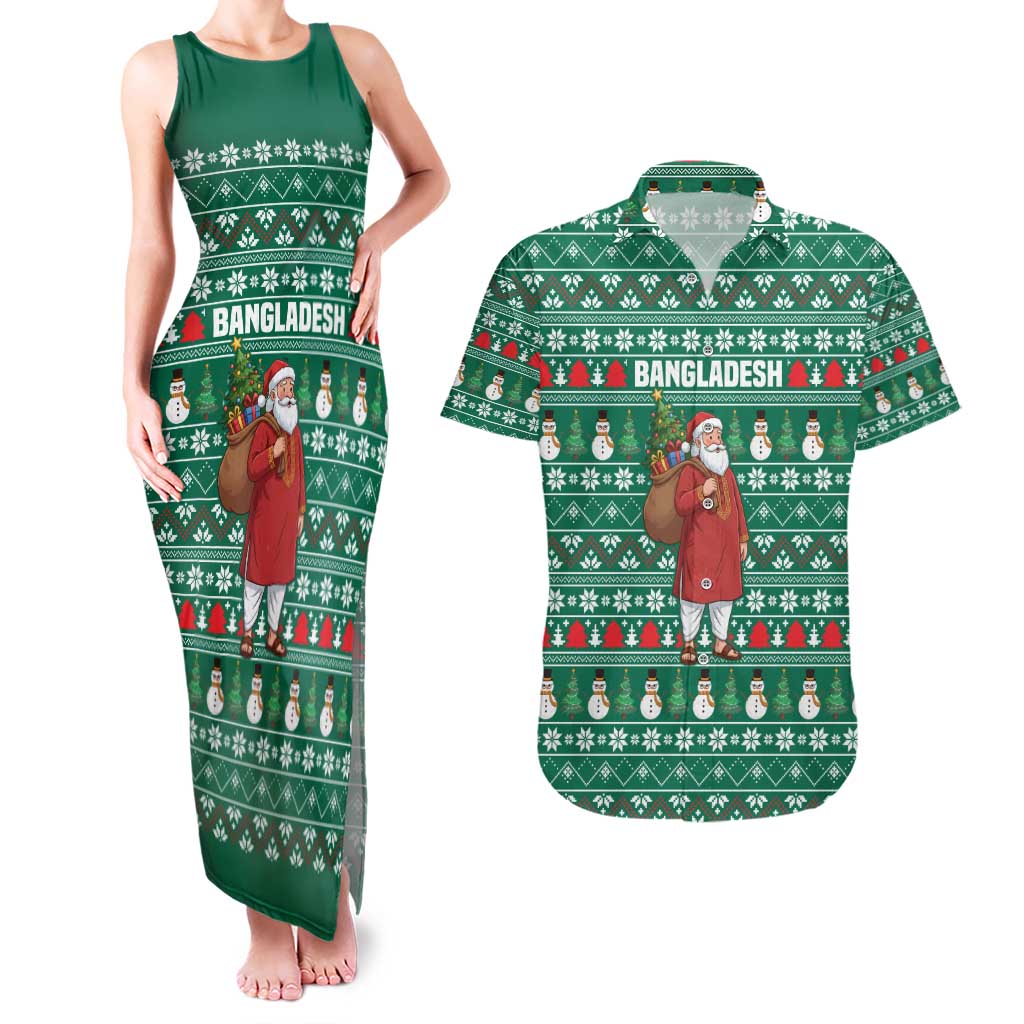 Bangladesh Christmas Couples Matching Tank Maxi Dress and Hawaiian Shirt with Santa Claus in Traditional Outfit Snowman and Tree Pattern - Wonder Print Shop