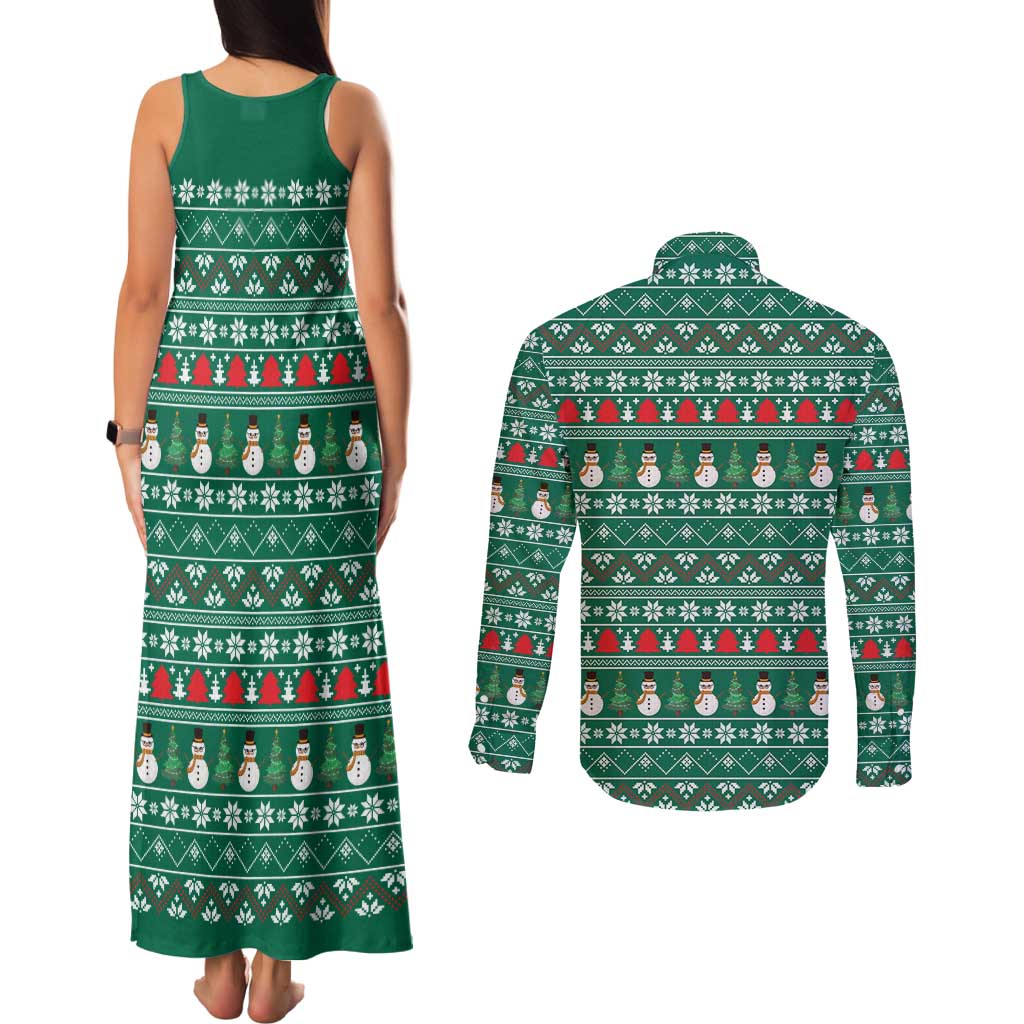Bangladesh Christmas Couples Matching Tank Maxi Dress and Long Sleeve Button Shirt with Santa Claus in Traditional Outfit Snowman and Tree Pattern - Wonder Print Shop