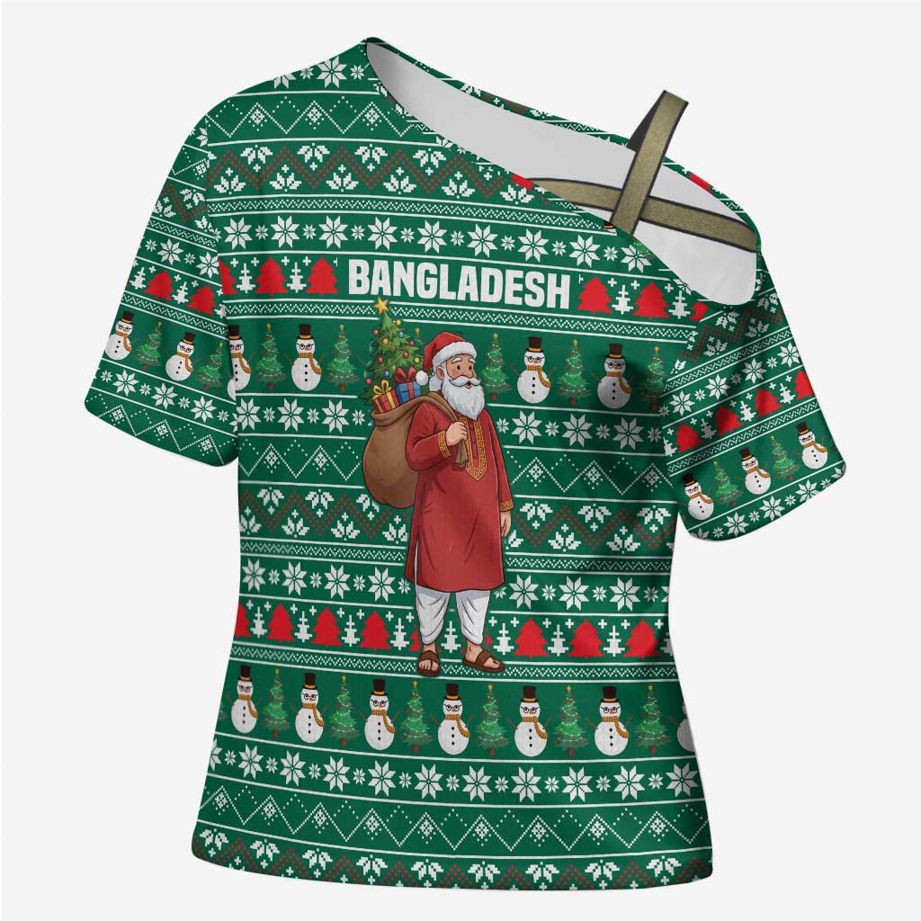 Bangladesh Christmas Cross Shoulder Shirt with Santa Claus in Traditional Outfit Snowman and Tree Pattern - Wonder Print Shop