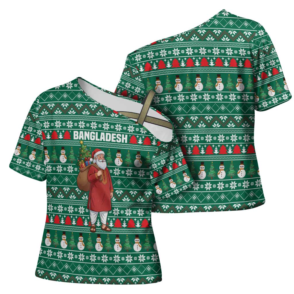 Bangladesh Christmas Cross Shoulder Shirt with Santa Claus in Traditional Outfit Snowman and Tree Pattern - Wonder Print Shop