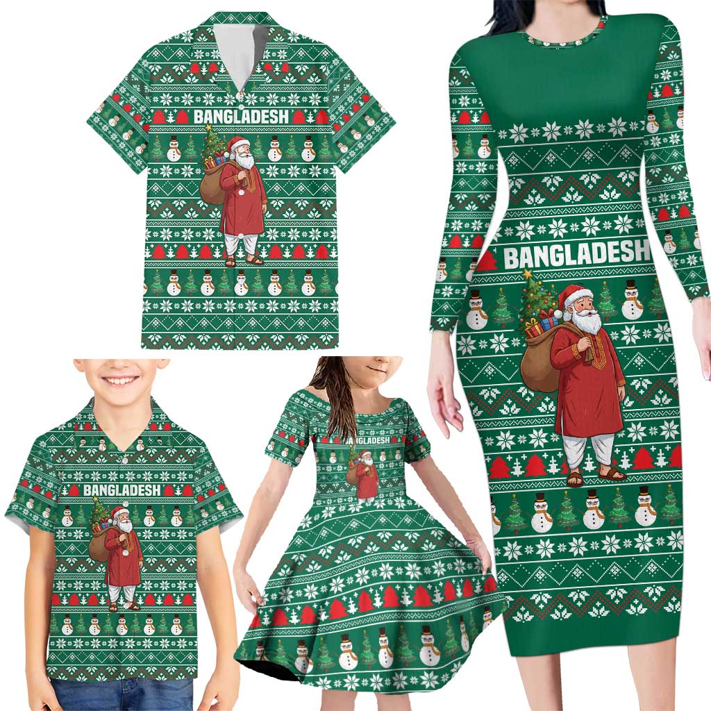 Bangladesh Christmas Family Matching Long Sleeve Bodycon Dress and Hawaiian Shirt with Santa Claus in Traditional Outfit Snowman and Tree Pattern - Wonder Print Shop