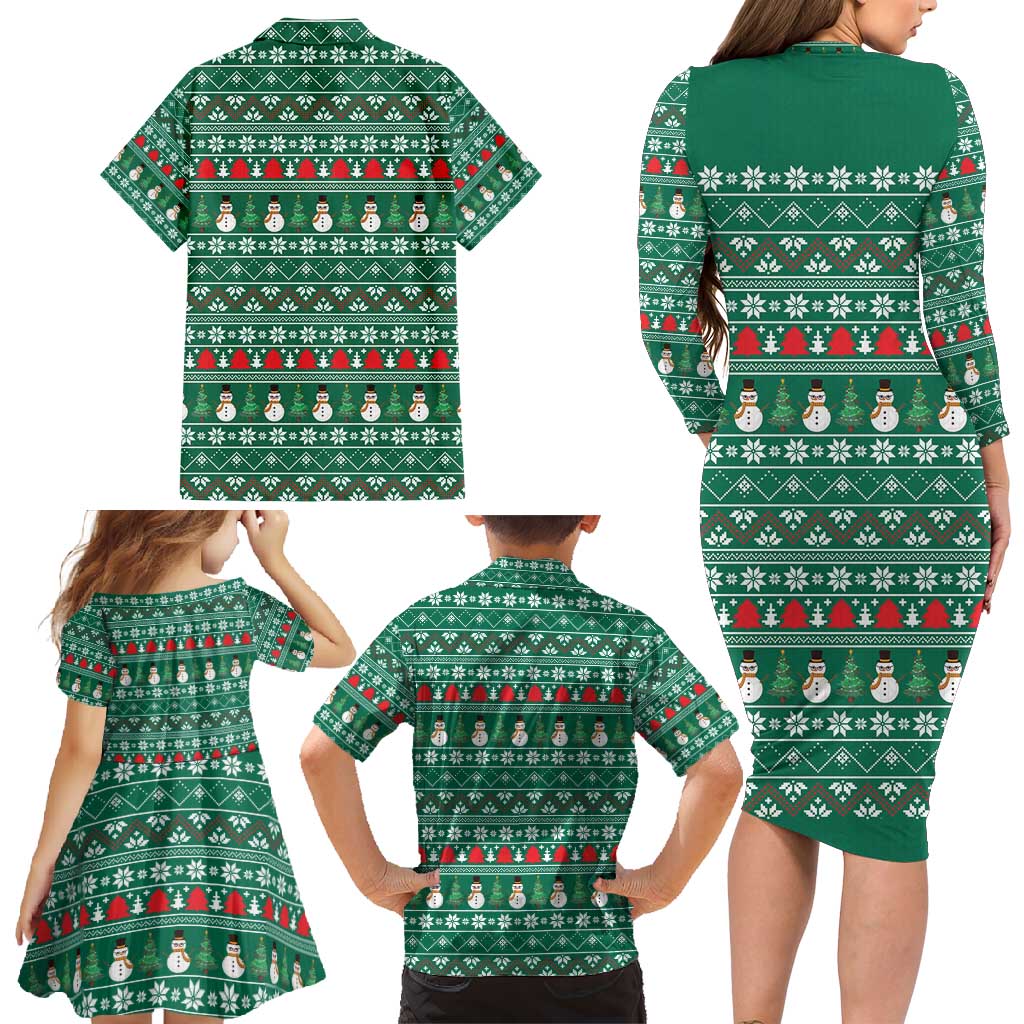 Bangladesh Christmas Family Matching Long Sleeve Bodycon Dress and Hawaiian Shirt with Santa Claus in Traditional Outfit Snowman and Tree Pattern - Wonder Print Shop