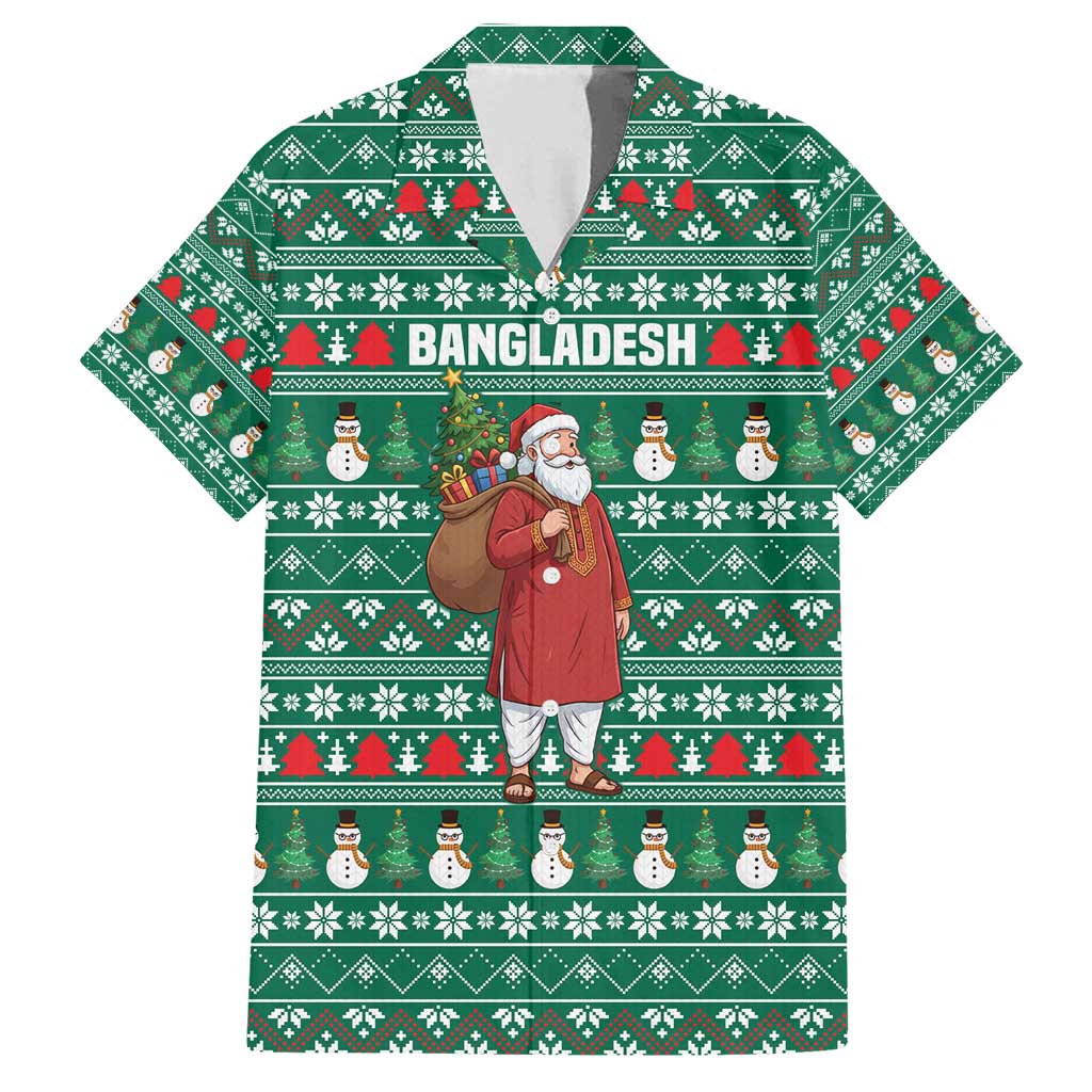 Bangladesh Christmas Family Matching Long Sleeve Bodycon Dress and Hawaiian Shirt with Santa Claus in Traditional Outfit Snowman and Tree Pattern - Wonder Print Shop