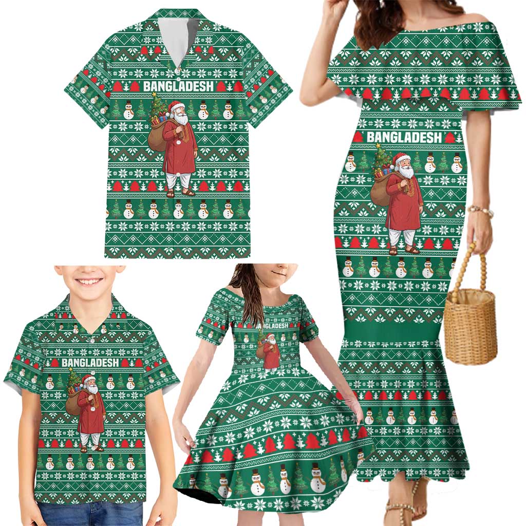 Bangladesh Christmas Family Matching Mermaid Dress and Hawaiian Shirt with Santa Claus in Traditional Outfit Snowman and Tree Pattern - Wonder Print Shop