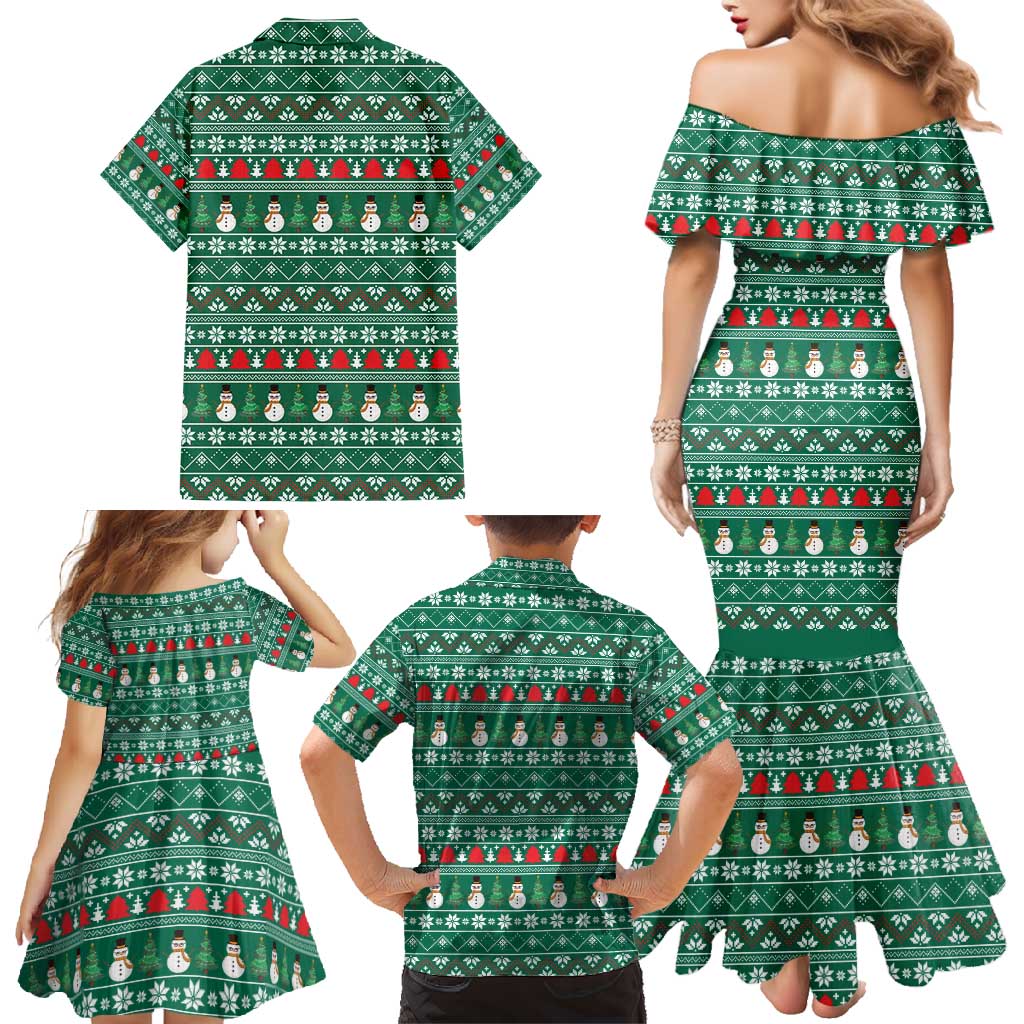 Bangladesh Christmas Family Matching Mermaid Dress and Hawaiian Shirt with Santa Claus in Traditional Outfit Snowman and Tree Pattern - Wonder Print Shop