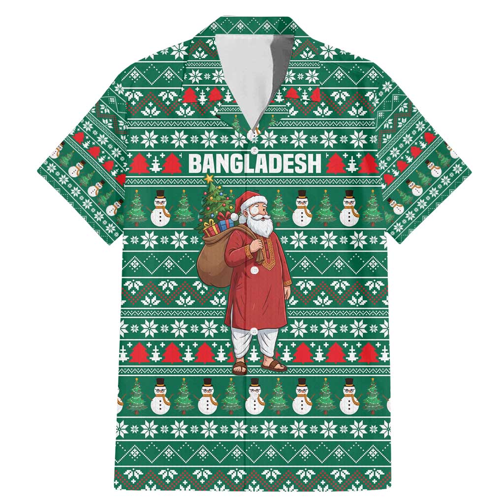 Bangladesh Christmas Family Matching Mermaid Dress and Hawaiian Shirt with Santa Claus in Traditional Outfit Snowman and Tree Pattern - Wonder Print Shop
