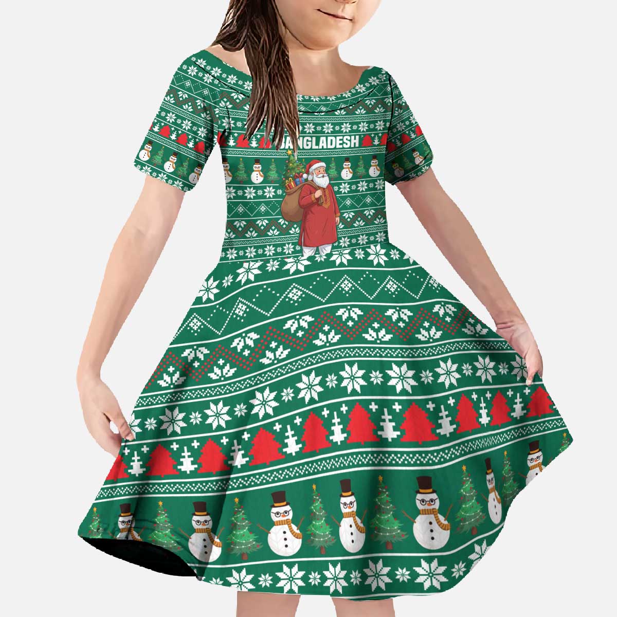 Bangladesh Christmas Family Matching Off The Shoulder Long Sleeve Dress and Hawaiian Shirt with Santa Claus in Traditional Outfit Snowman and Tree Pattern - Wonder Print Shop