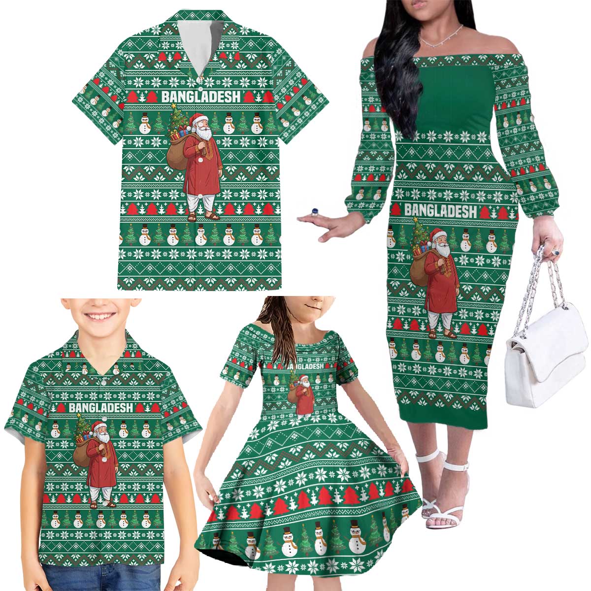 Bangladesh Christmas Family Matching Off The Shoulder Long Sleeve Dress and Hawaiian Shirt with Santa Claus in Traditional Outfit Snowman and Tree Pattern - Wonder Print Shop