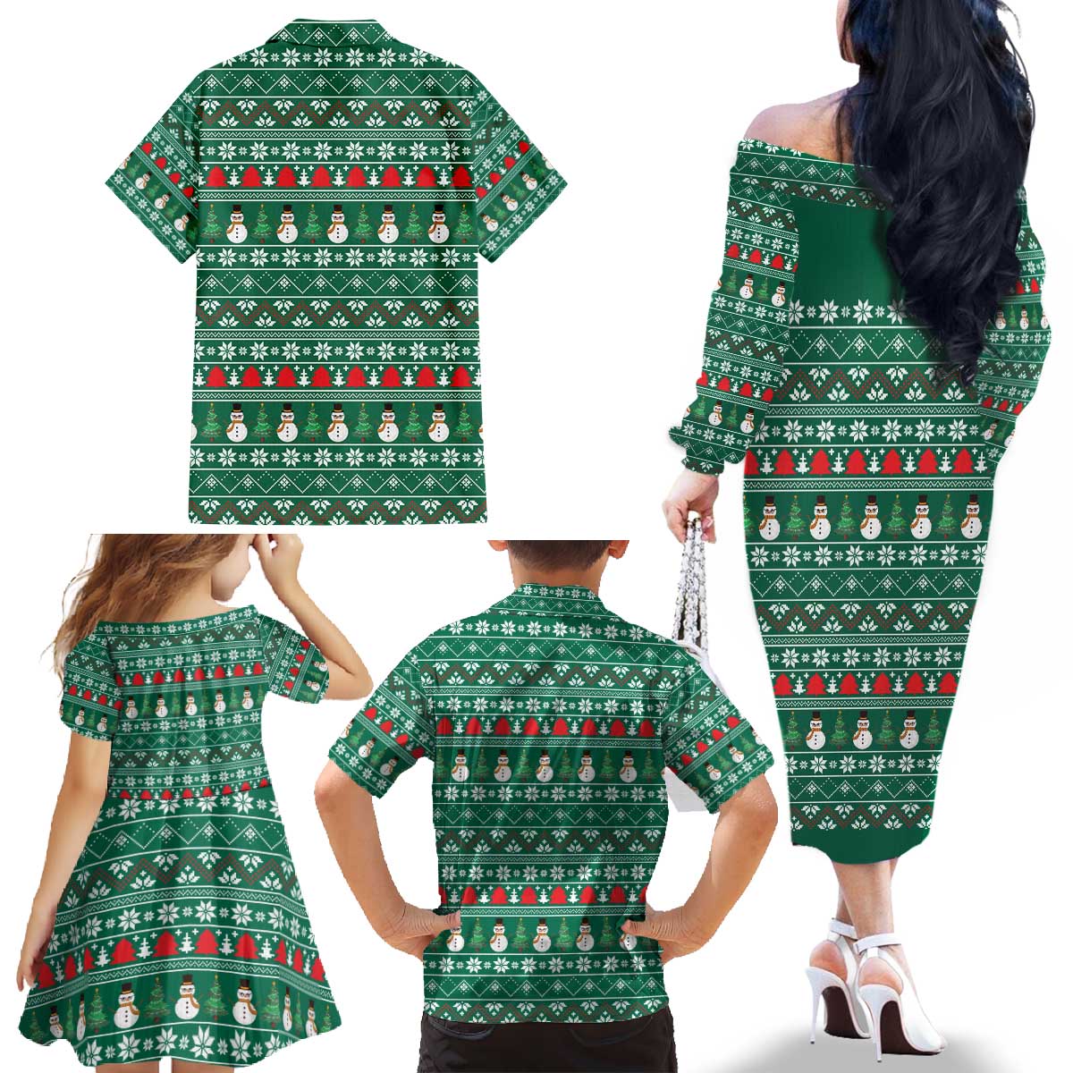 Bangladesh Christmas Family Matching Off The Shoulder Long Sleeve Dress and Hawaiian Shirt with Santa Claus in Traditional Outfit Snowman and Tree Pattern - Wonder Print Shop