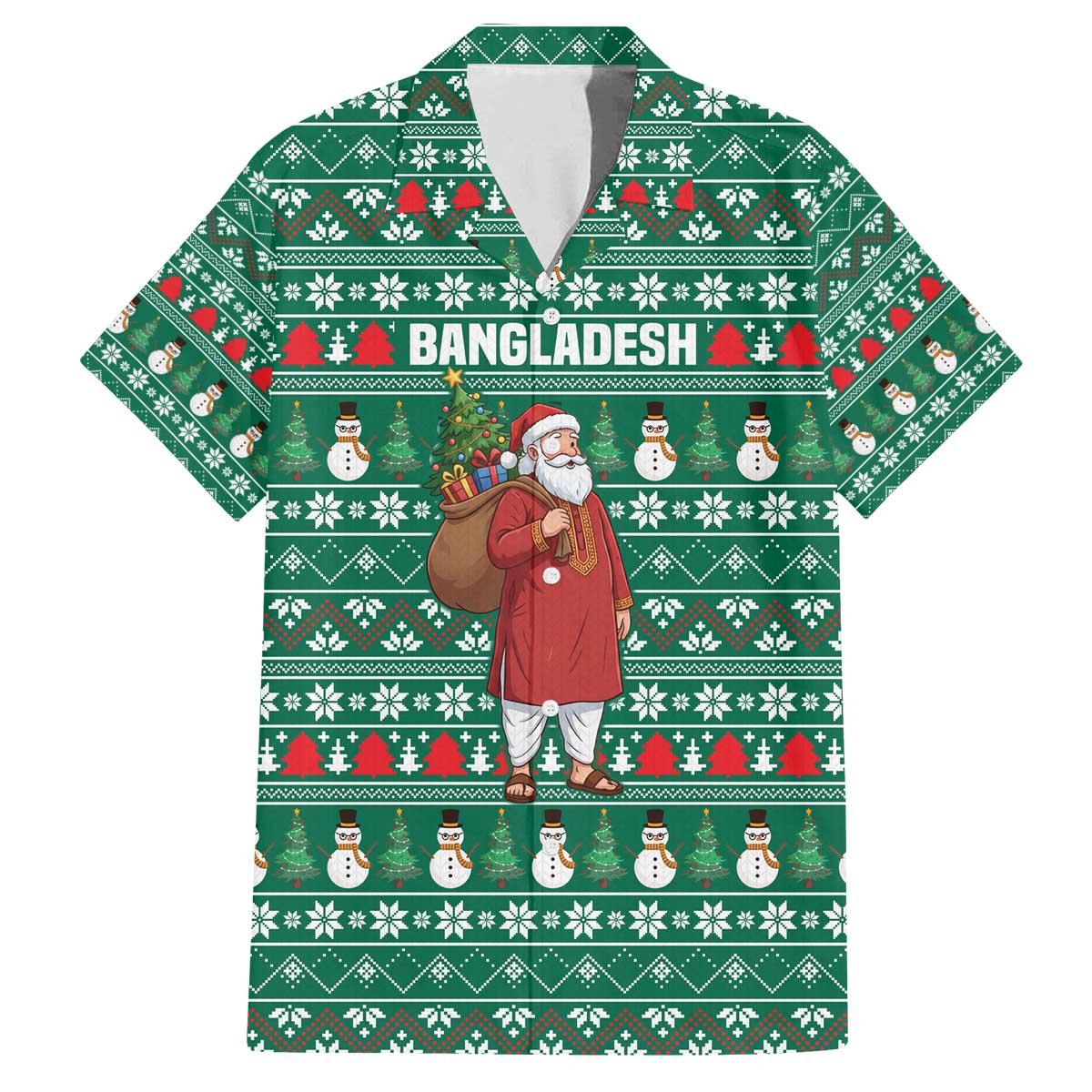 Bangladesh Christmas Family Matching Off The Shoulder Long Sleeve Dress and Hawaiian Shirt with Santa Claus in Traditional Outfit Snowman and Tree Pattern - Wonder Print Shop