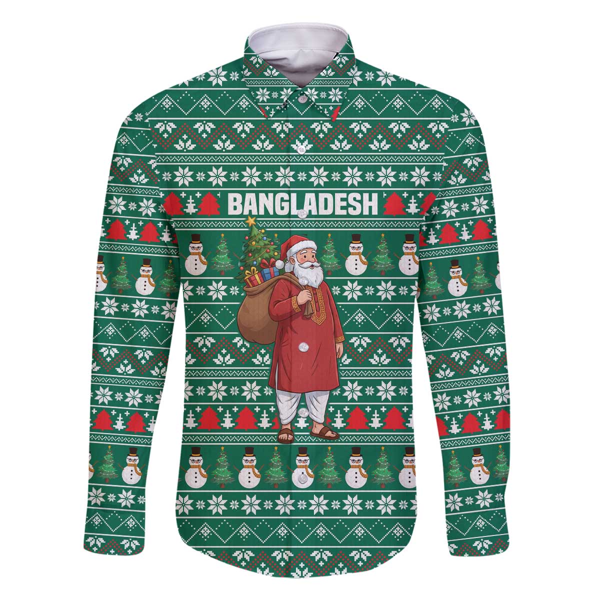 Bangladesh Christmas Family Matching Off The Shoulder Long Sleeve Dress and Hawaiian Shirt with Santa Claus in Traditional Outfit Snowman and Tree Pattern - Wonder Print Shop