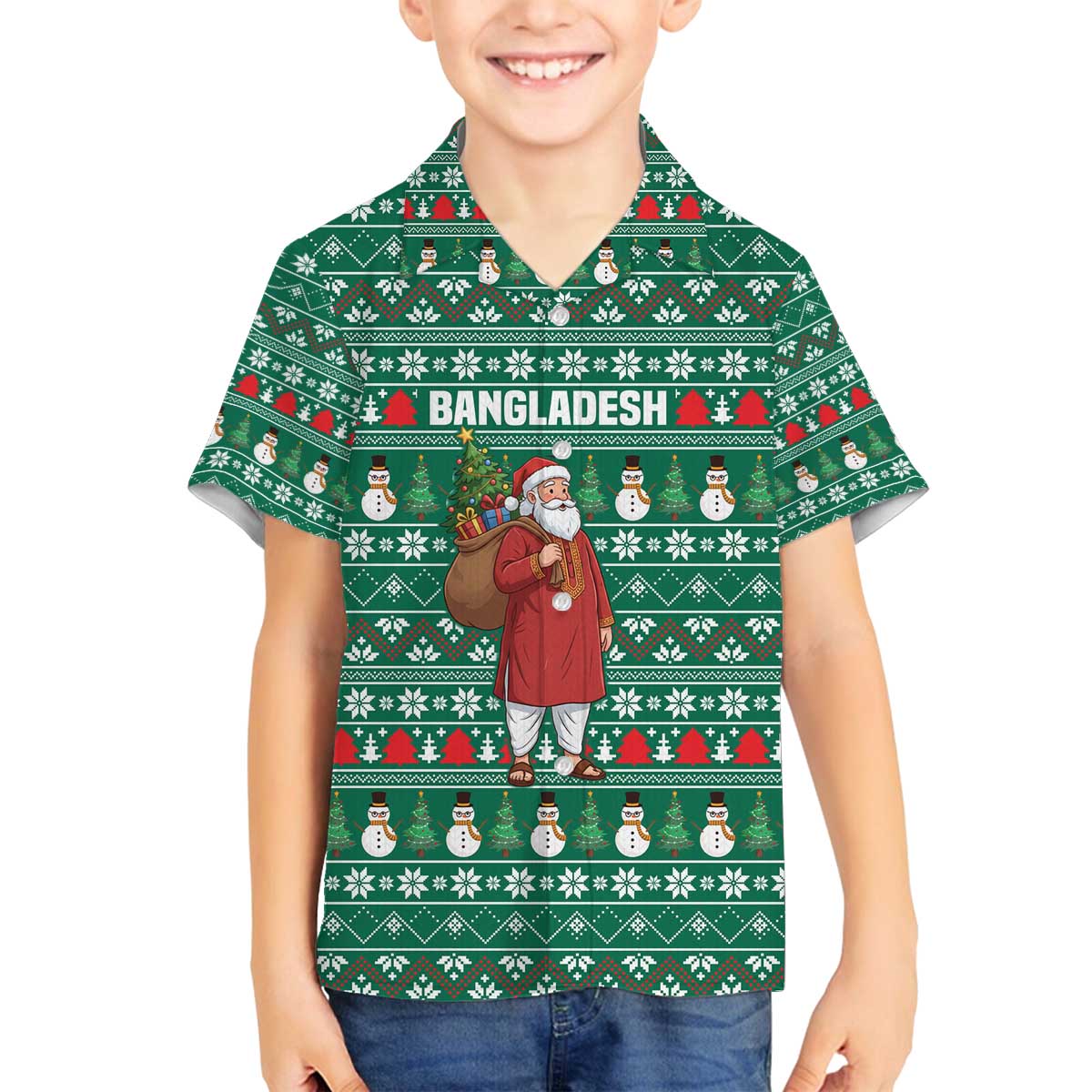 Bangladesh Christmas Family Matching Off The Shoulder Long Sleeve Dress and Hawaiian Shirt with Santa Claus in Traditional Outfit Snowman and Tree Pattern - Wonder Print Shop