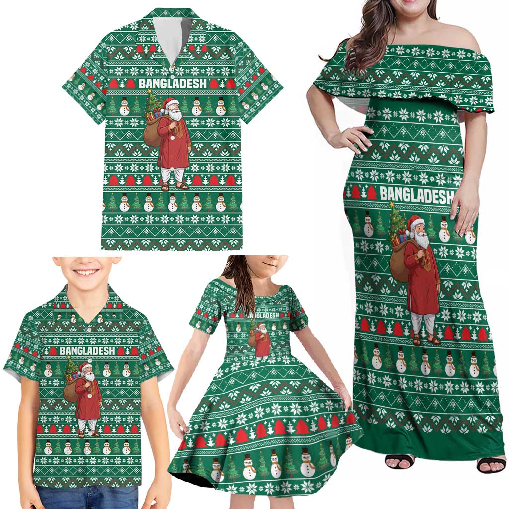 Bangladesh Christmas Family Matching Off Shoulder Maxi Dress and Hawaiian Shirt with Santa Claus in Traditional Outfit Snowman and Tree Pattern - Wonder Print Shop