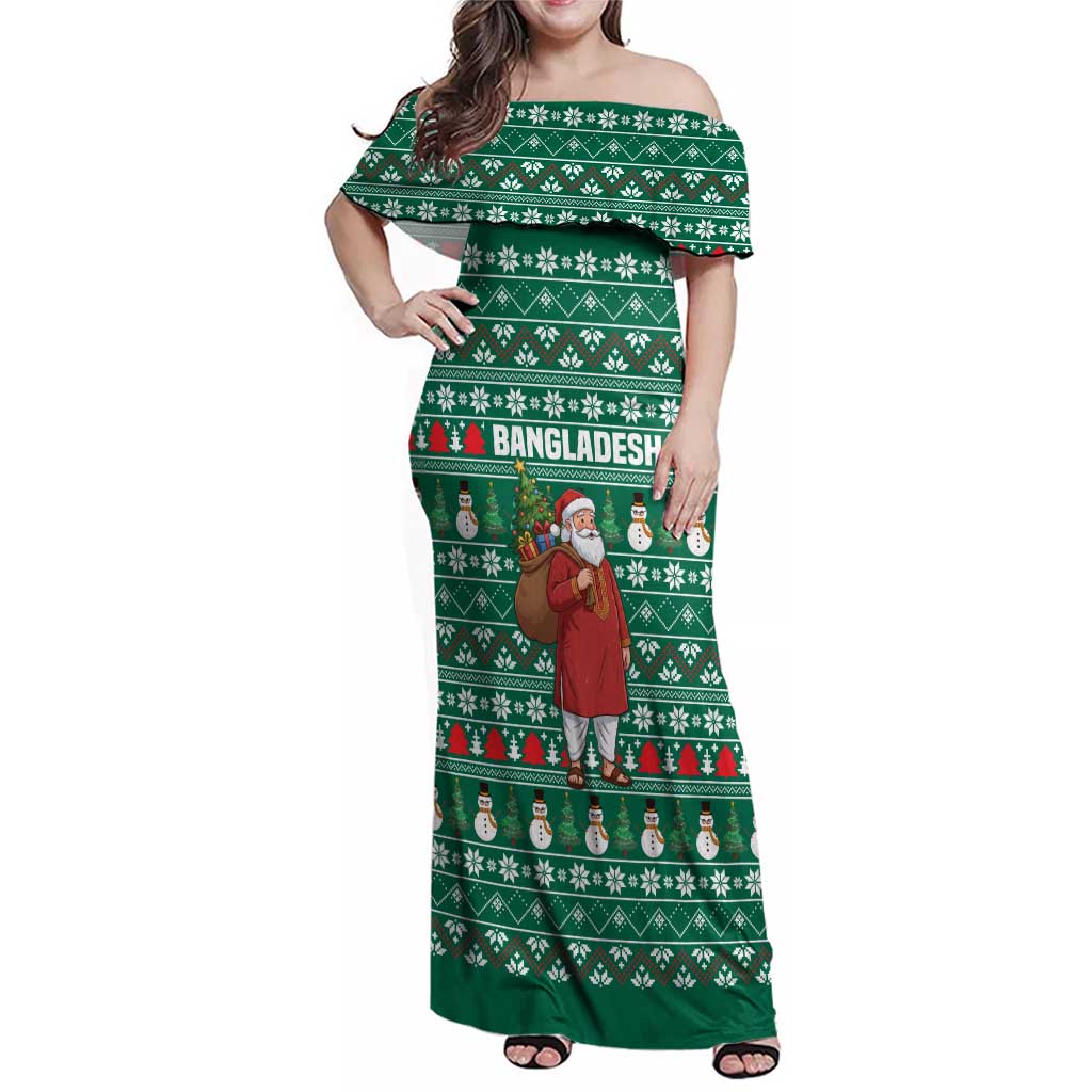 Bangladesh Christmas Family Matching Off Shoulder Maxi Dress and Hawaiian Shirt with Santa Claus in Traditional Outfit Snowman and Tree Pattern - Wonder Print Shop