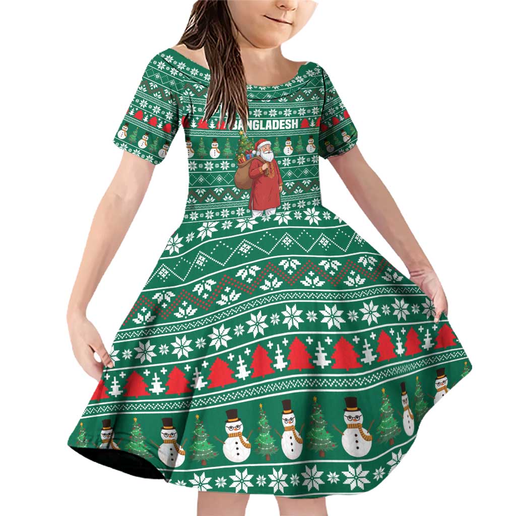 Bangladesh Christmas Family Matching Off Shoulder Short Dress and Hawaiian Shirt with Santa Claus in Traditional Outfit Snowman and Tree Pattern - Wonder Print Shop