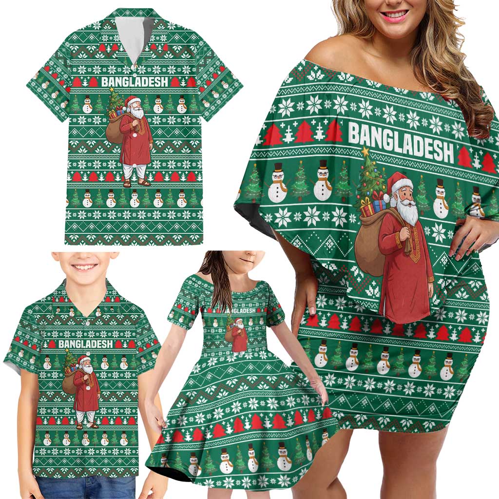 Bangladesh Christmas Family Matching Off Shoulder Short Dress and Hawaiian Shirt with Santa Claus in Traditional Outfit Snowman and Tree Pattern - Wonder Print Shop