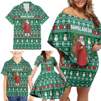 Bangladesh Christmas Family Matching Off Shoulder Short Dress and Hawaiian Shirt with Santa Claus in Traditional Outfit Snowman and Tree Pattern - Wonder Print Shop