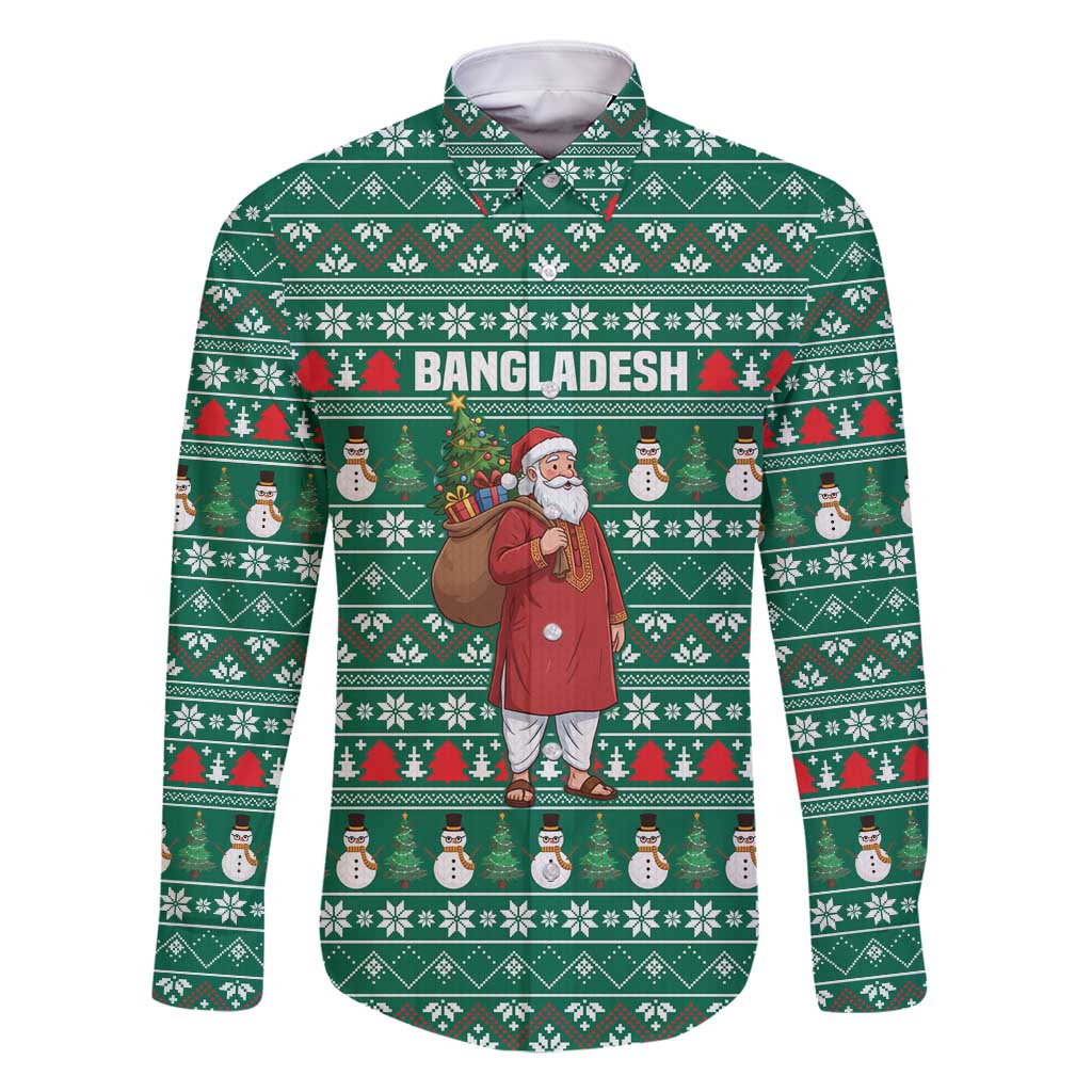 Bangladesh Christmas Family Matching Off Shoulder Short Dress and Hawaiian Shirt with Santa Claus in Traditional Outfit Snowman and Tree Pattern - Wonder Print Shop