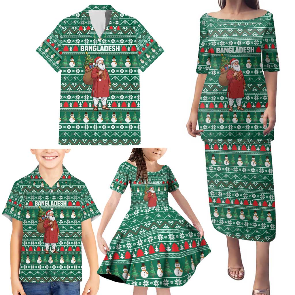 Bangladesh Christmas Family Matching Puletasi and Hawaiian Shirt with Santa Claus in Traditional Outfit Snowman and Tree Pattern - Wonder Print Shop