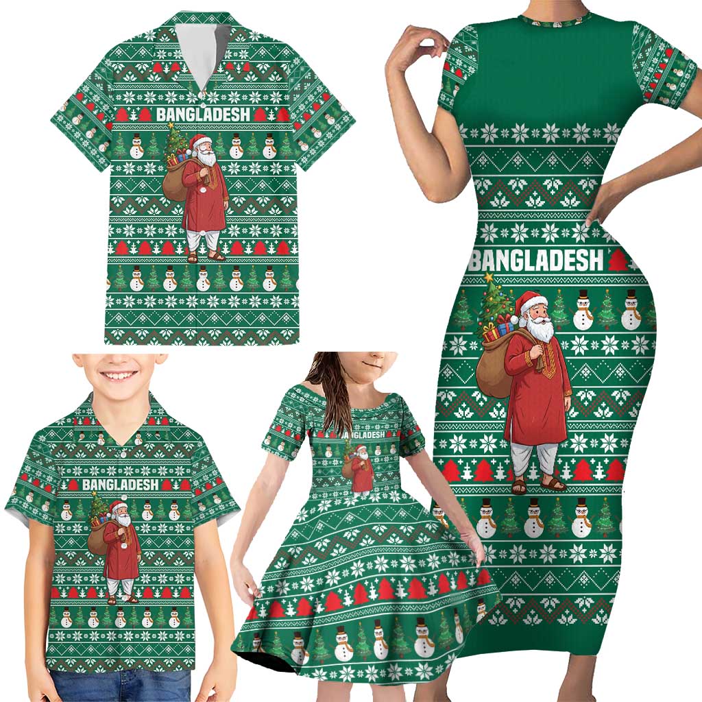 Bangladesh Christmas Family Matching Short Sleeve Bodycon Dress and Hawaiian Shirt with Santa Claus in Traditional Outfit Snowman and Tree Pattern - Wonder Print Shop