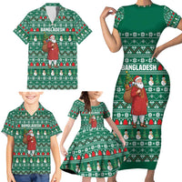 Bangladesh Christmas Family Matching Short Sleeve Bodycon Dress and Hawaiian Shirt with Santa Claus in Traditional Outfit Snowman and Tree Pattern - Wonder Print Shop