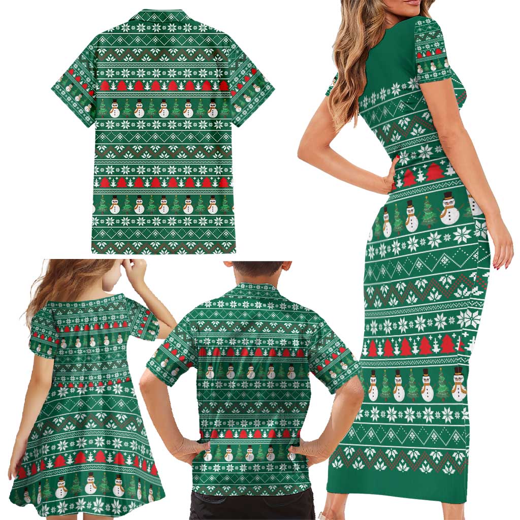 Bangladesh Christmas Family Matching Short Sleeve Bodycon Dress and Hawaiian Shirt with Santa Claus in Traditional Outfit Snowman and Tree Pattern - Wonder Print Shop