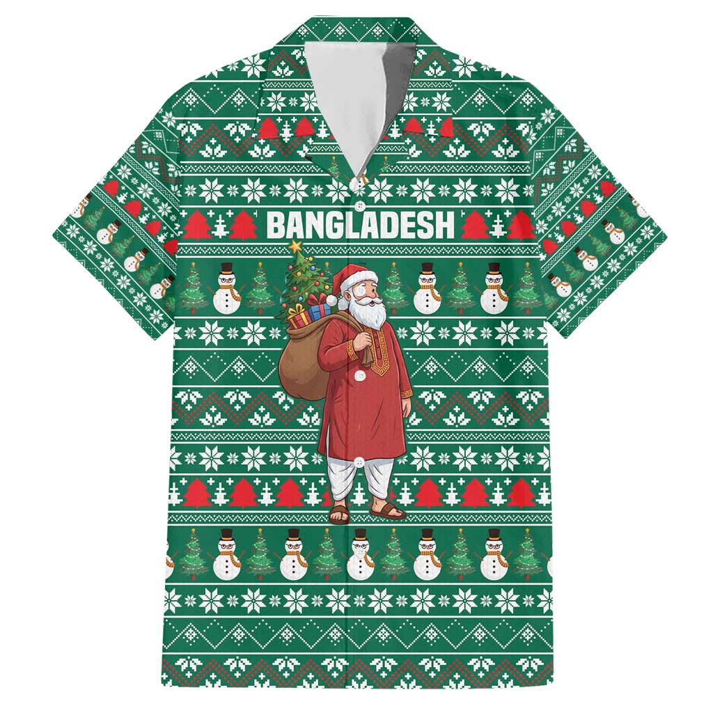 Bangladesh Christmas Family Matching Short Sleeve Bodycon Dress and Hawaiian Shirt with Santa Claus in Traditional Outfit Snowman and Tree Pattern - Wonder Print Shop