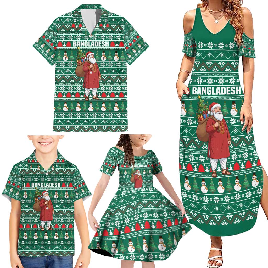 Bangladesh Christmas Family Matching Summer Maxi Dress and Hawaiian Shirt with Santa Claus in Traditional Outfit Snowman and Tree Pattern - Wonder Print Shop