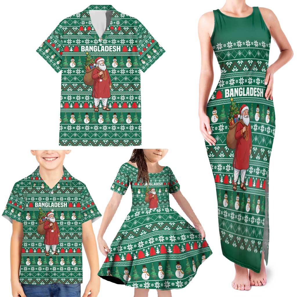 Bangladesh Christmas Family Matching Tank Maxi Dress and Hawaiian Shirt with Santa Claus in Traditional Outfit Snowman and Tree Pattern - Wonder Print Shop