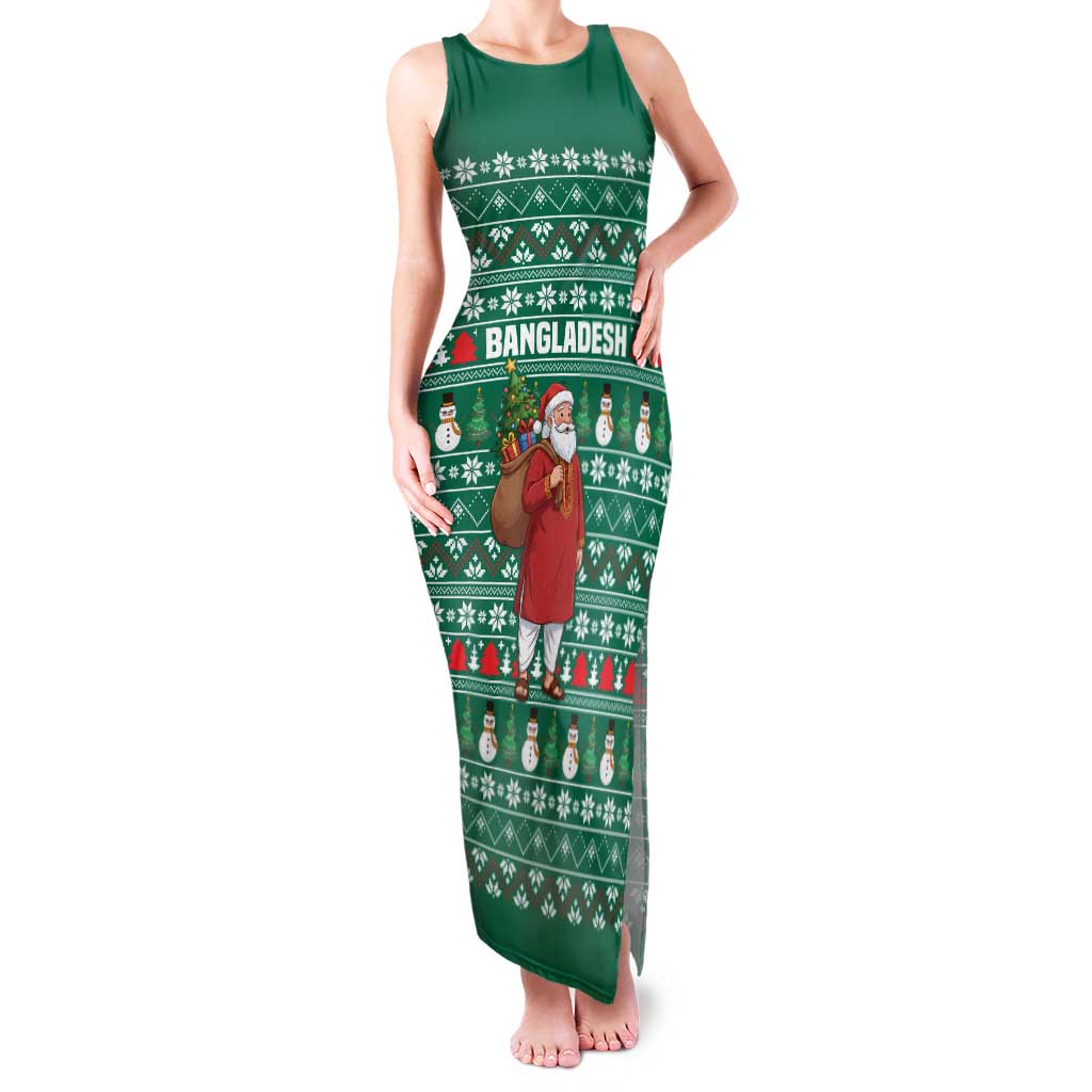 Bangladesh Christmas Family Matching Tank Maxi Dress and Hawaiian Shirt with Santa Claus in Traditional Outfit Snowman and Tree Pattern - Wonder Print Shop