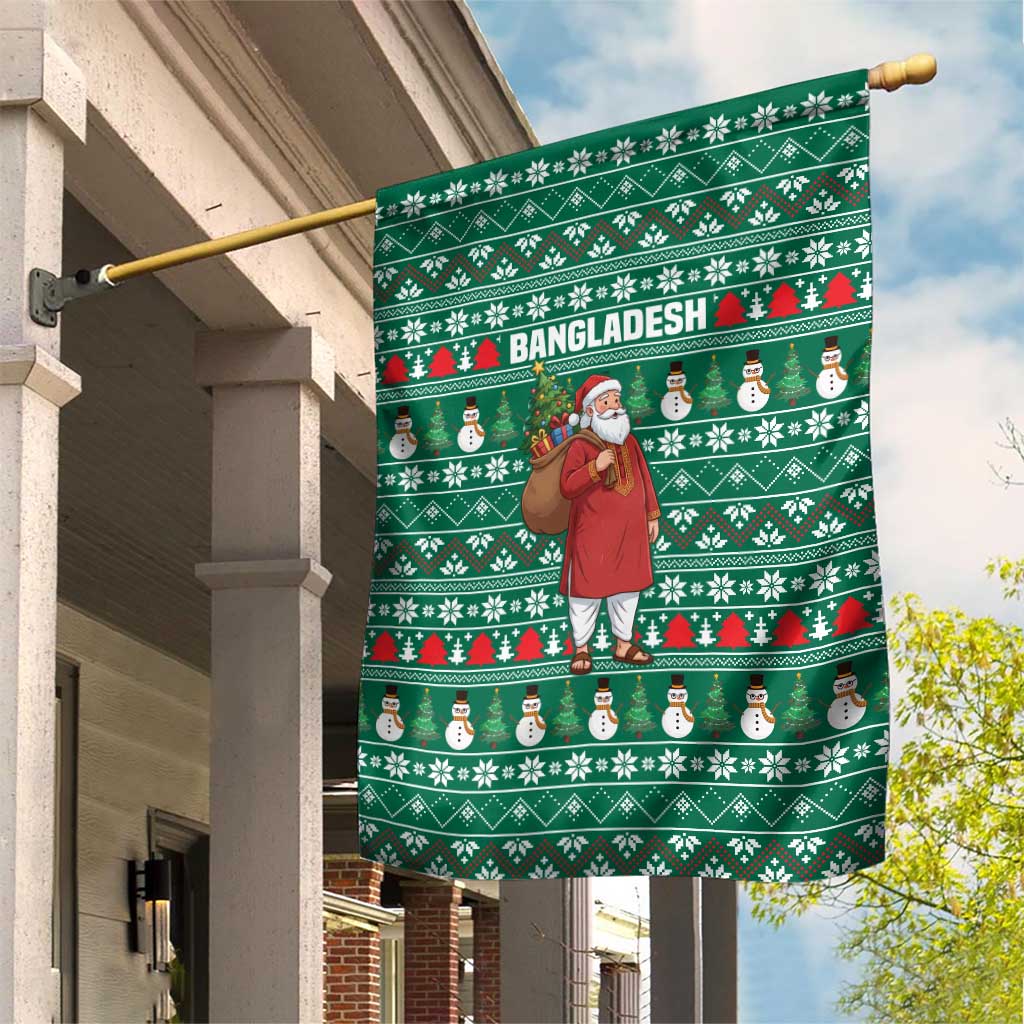Bangladesh Christmas Garden Flag with Santa Claus in Traditional Outfit Snowman and Tree Pattern - Wonder Print Shop
